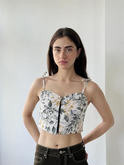 Retrobird Tasarım Önden Fermuarlı Yapraklı Beyaz Büstiyer