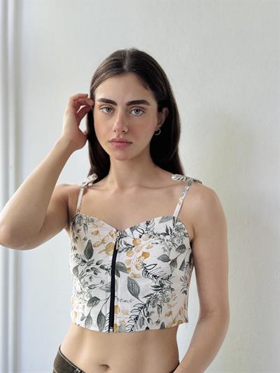 Retrobird Tasarım Önden Fermuarlı Yapraklı Beyaz Büstiyer