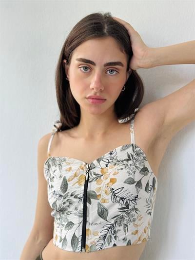 Retrobird Tasarım Önden Fermuarlı Yapraklı Beyaz Büstiyer