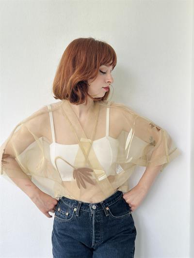 Retrobird Design Sand Colored Organza Mini Kimono