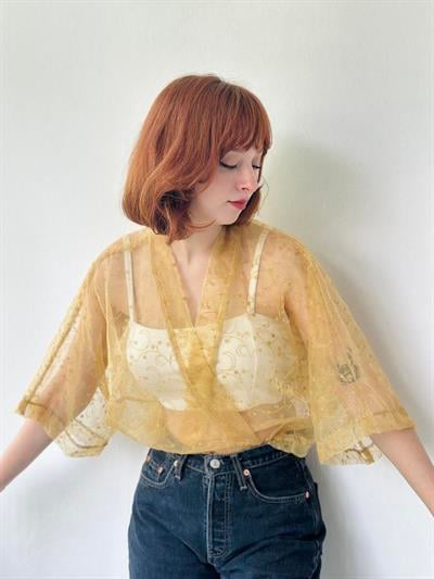 Retrobird Design Mustard Organza Mini Kimono