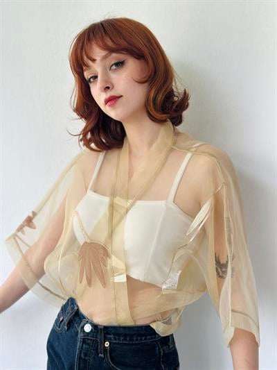 Retrobird Design Sand Colored Organza Mini Kimono