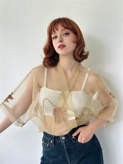 Retrobird Design Sand Colored Organza Mini Kimono