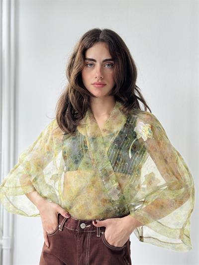 Retrobird Design Light Green Patterned Organza Mini Kimono