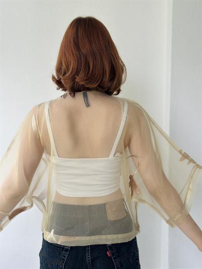Retrobird Design Sand Colored Organza Mini Kimono