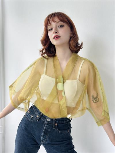 Retrobird Design Light Green Organza Mini Kimono