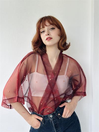 Retrobird Design Burgundy Organza Mini Kimono