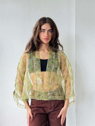 Retrobird Design Light Green Patterned Organza Mini Kimono