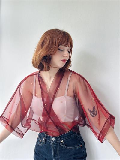 Retrobird Design Burgundy Organza Mini Kimono