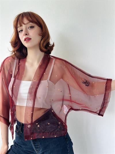 Retrobird Design Burgundy Organza Mini Kimono