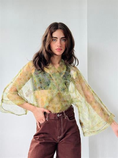 Retrobird Design Light Green Patterned Organza Mini Kimono