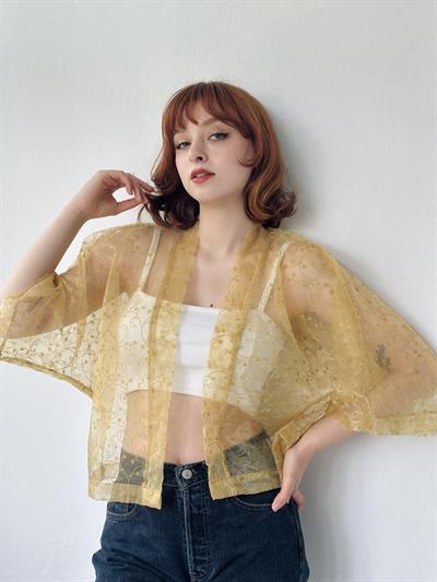 Retrobird Design Mustard Organza Mini Kimono