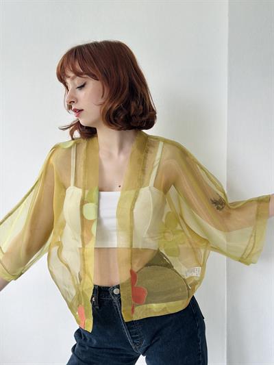 Retrobird Design Light Green Organza Mini Kimono