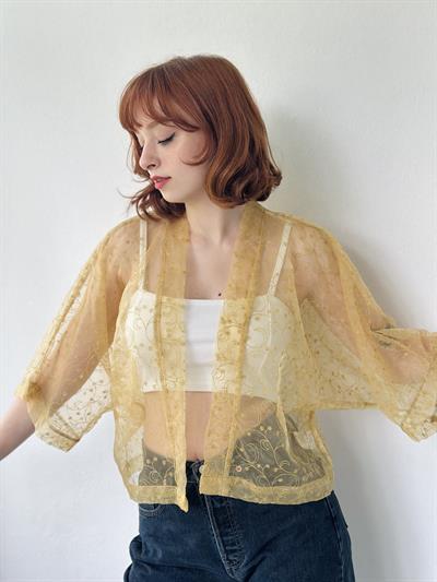 Retrobird Design Mustard Organza Mini Kimono