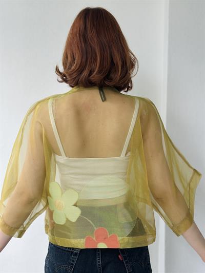 Retrobird Design Light Green Organza Mini Kimono
