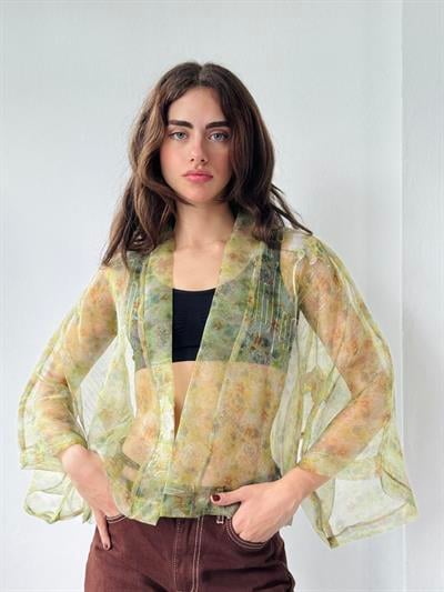 Retrobird Design Light Green Patterned Organza Mini Kimono