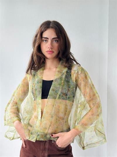 Retrobird Design Light Green Patterned Organza Mini Kimono