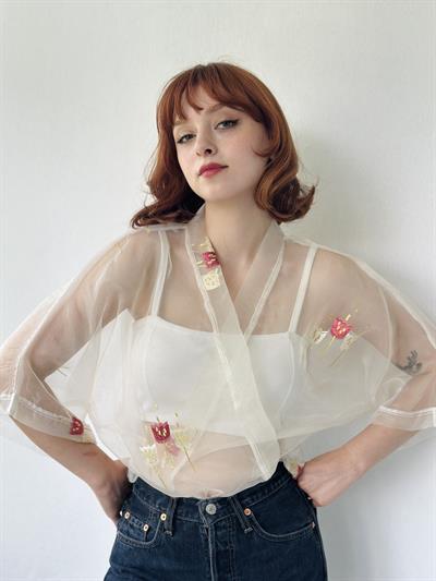 Retrobird Design Ecru Organza Mini Kimono