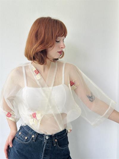 Retrobird Design Ecru Organza Mini Kimono