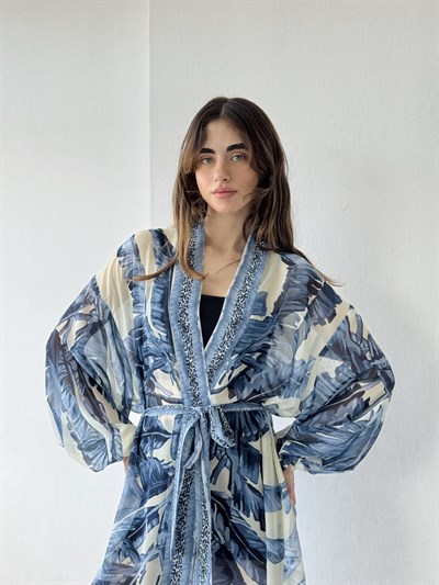 Retrobird Tasarım Mavi Palmera Wrap Kimono