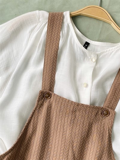 Retrobird Tasarım Pamuklu Taba Renkli Keten Şort Tulum Salopet 