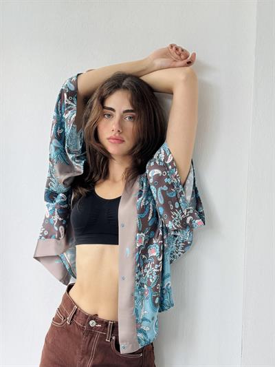 Retrobird Design Paisley Patterned Satin Blue Mini Kimono
