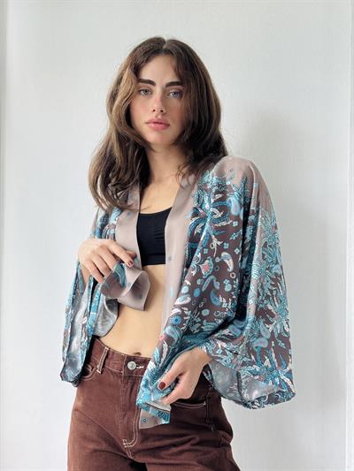 Retrobird Design Paisley Patterned Satin Blue Mini Kimono