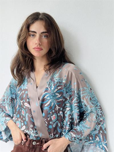 Retrobird Design Paisley Patterned Satin Blue Mini Kimono