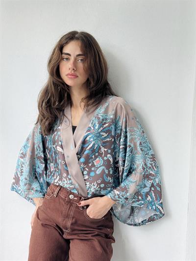 Retrobird Design Paisley Patterned Satin Blue Mini Kimono