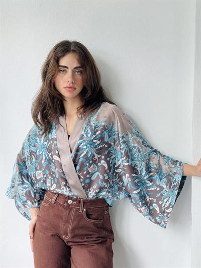Retrobird Design Paisley Patterned Satin Blue Mini Kimono