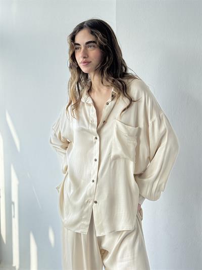 Retrobird Design Cream Boyfriend Shirt with Satin Surface