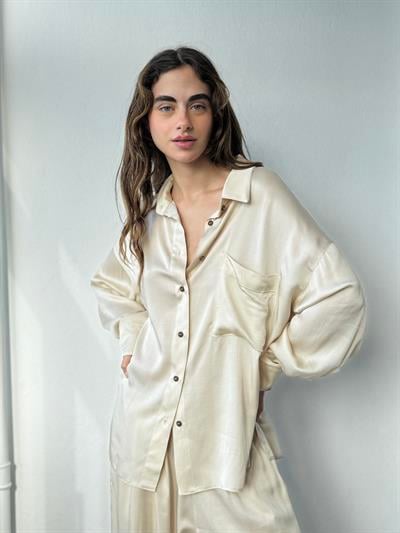 Retrobird Design Cream Boyfriend Shirt with Satin Surface