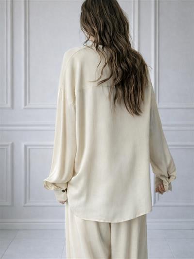 Retrobird Design Cream Boyfriend Shirt with Satin Surface