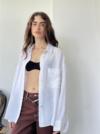 Retrobird Design Pearl Buttoned Wide White Shirt