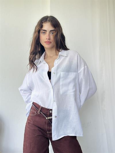 Retrobird Design Pearl Buttoned Wide White Shirt