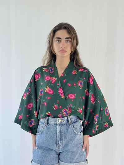 Retrobird Design Chiffon Dark Green Mini Kimono
