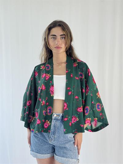 Retrobird Design Chiffon Dark Green Mini Kimono