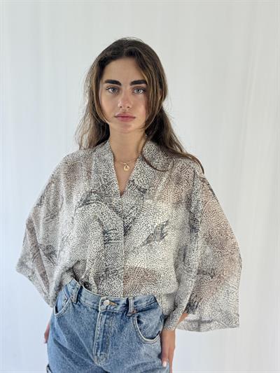 Retrobird Design Light Gray Chiffon Mini Kimono