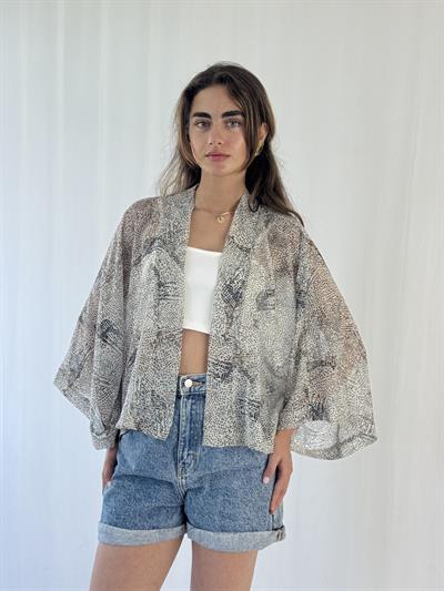 Retrobird Design Light Gray Chiffon Mini Kimono