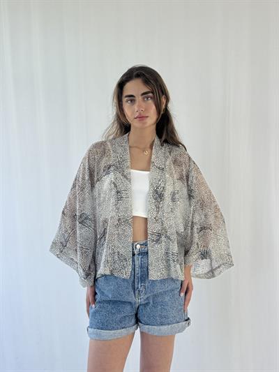 Retrobird Design Light Gray Chiffon Mini Kimono