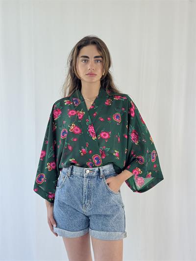 Retrobird Design Chiffon Dark Green Mini Kimono