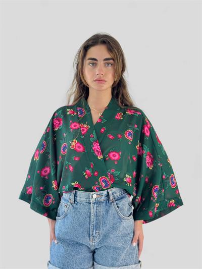 Retrobird Design Chiffon Dark Green Mini Kimono