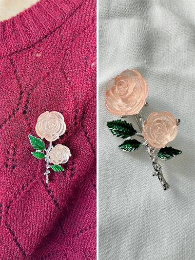 Retrobird Design Salmon Silver Rose Branch Brooch Lapel Pin