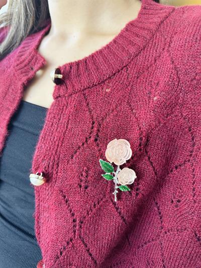 Retrobird Design Salmon Silver Rose Branch Brooch Lapel Pin