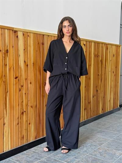 Retrobird Tasarım Siyah Keten Pantolon