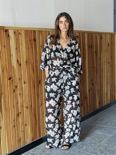 Retrobird Tasarım Siyah Beyaz Şort Astarlı Şifon Pantolon