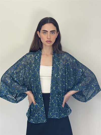 Retrobird Tasarım Transparan Dantel Lacivert Boho Mini Kimono