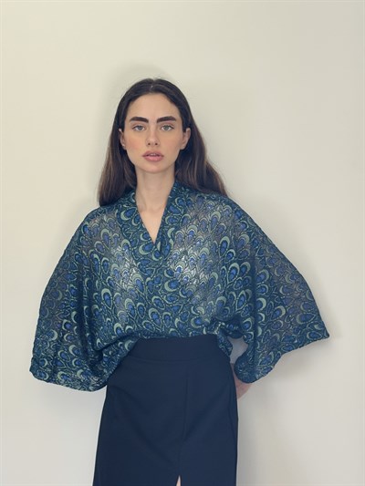Retrobird Tasarım Transparan Dantel Lacivert Boho Mini Kimono