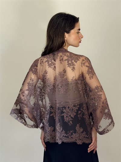 Retrobird Tasarım Transparan Dantel Vizon Boho Mini Kimono