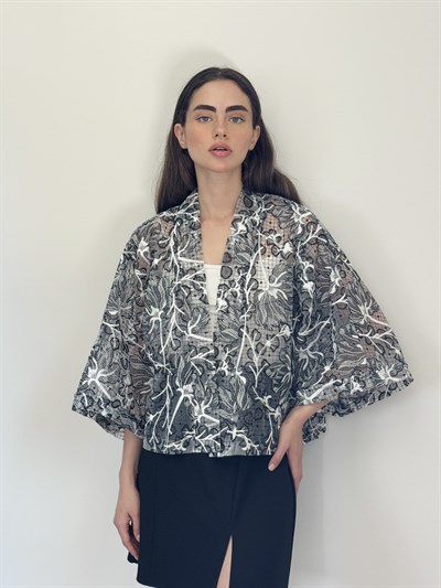 Retrobird Tasarım Transparan Dantel Gri Beyaz Boho Mini Kimono